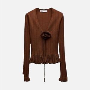 Zara Brown knit Cardigan with Floral Accent